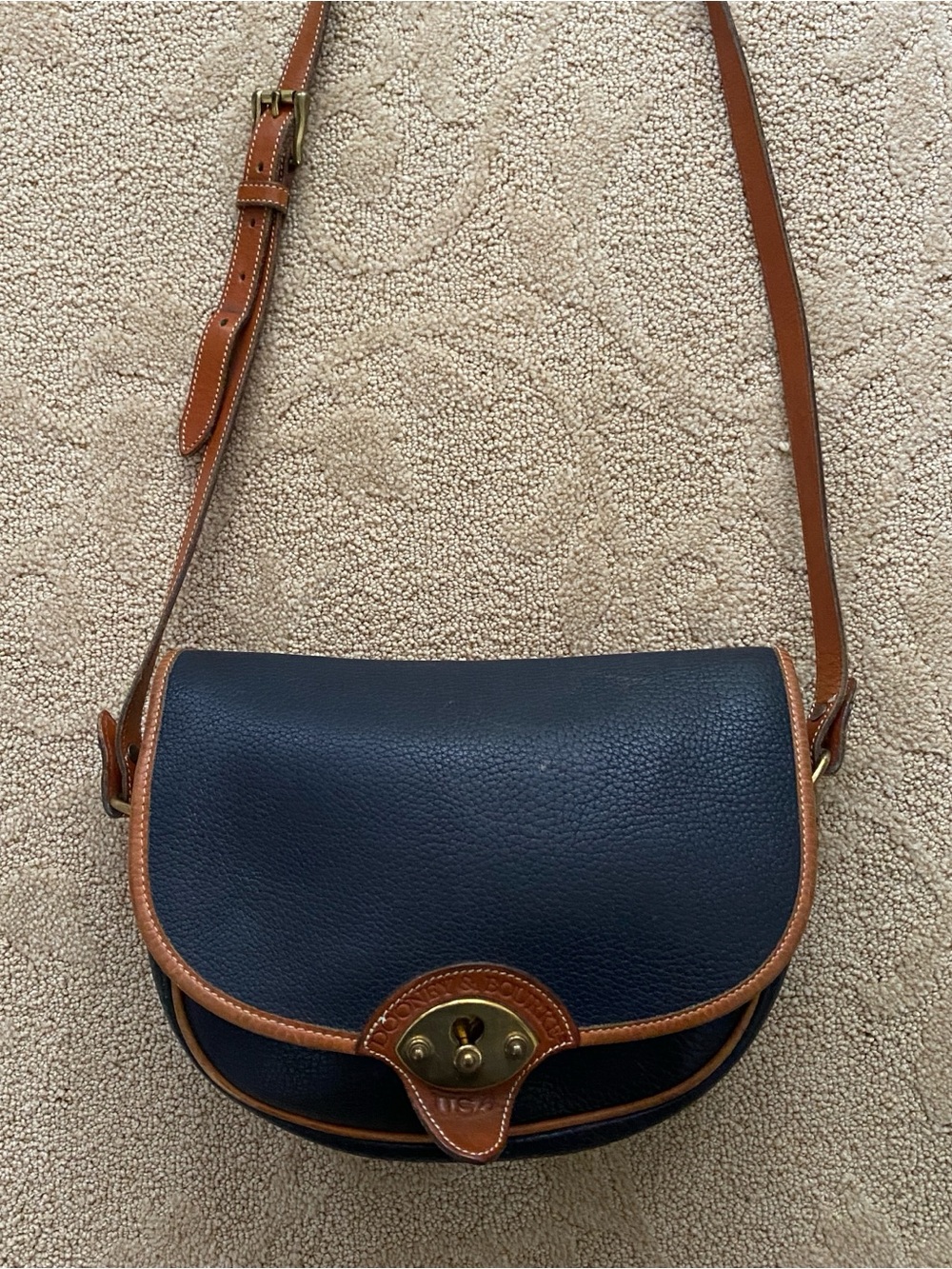 Vintage Dooney & Bourke All Weather Navy Blue Leather Saddle Bag Crossbody